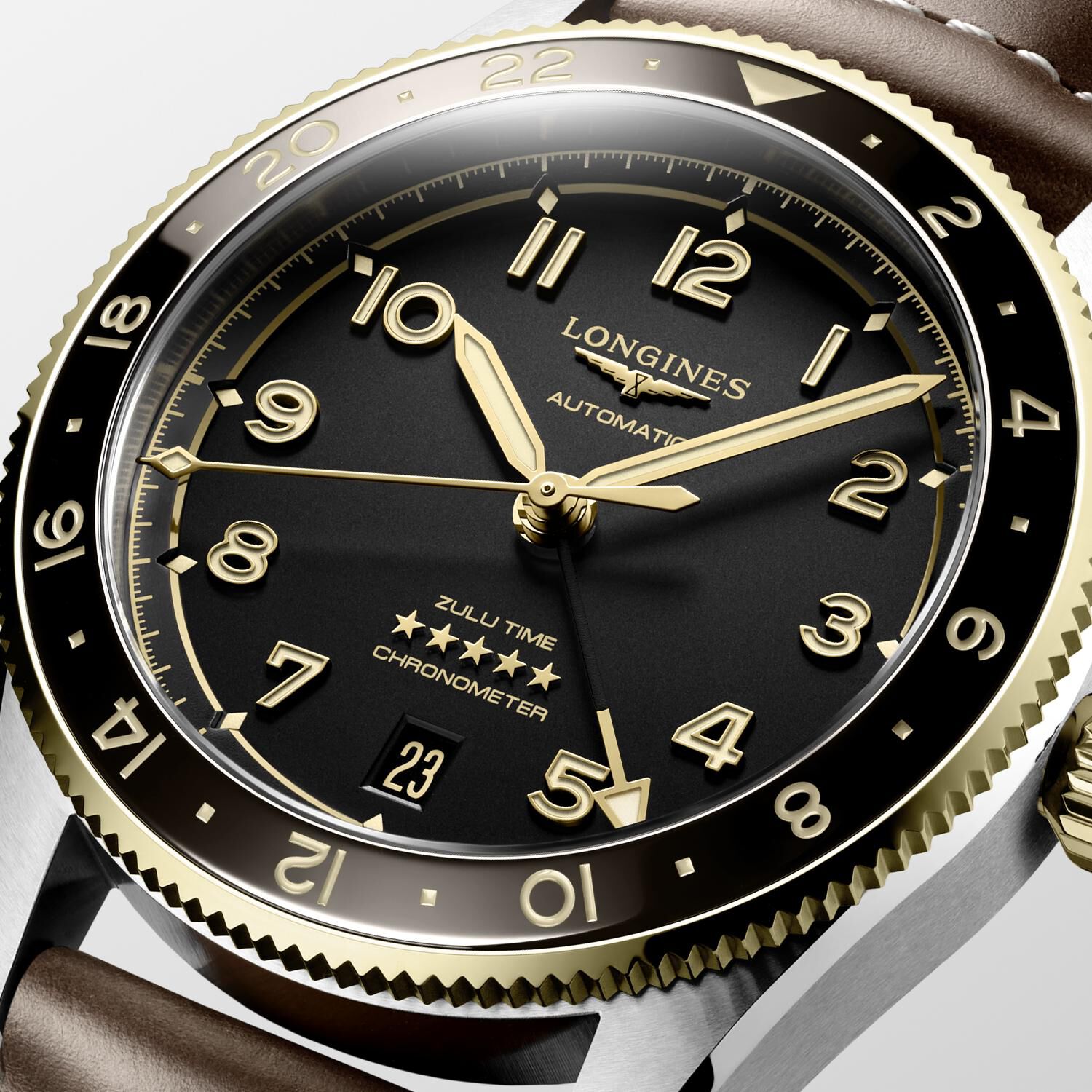 Longines Spirit Zulu Time Automatic GMT 39 mm Yellow Gold and